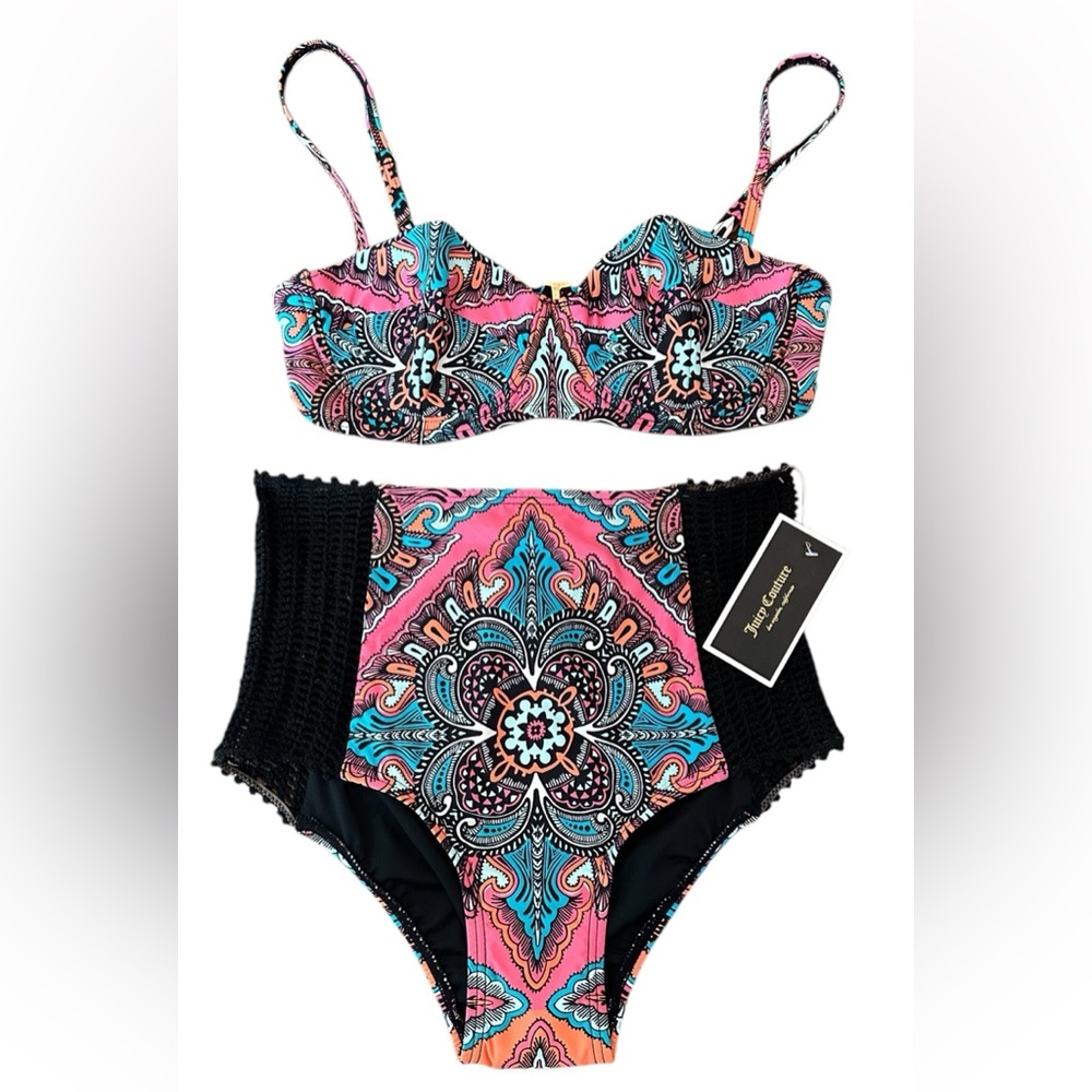 NWT Juicy Couture Crochet Sides Paisley Two Piece Swimsuit - Size Small